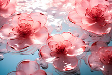 Transparent Pink Flowers Float In Transparent Water Ripples, Generative AI
