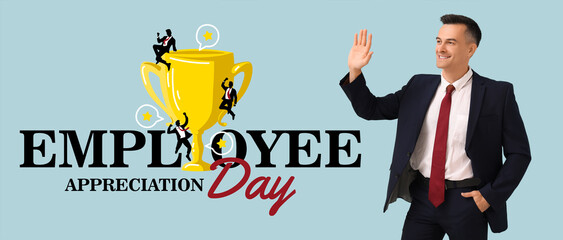 Canvas Print - Festive banner for Employee Appreciation Day with young businessman