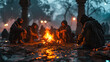 Homeless people sit around a fire on a cold morning at Cashmere Gate, New Delhi, India.