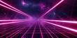 © YuDwi Studio - Futuristic background with a glowing grid in the outer space . backdrop with blue perspective grid and sky full of stars. Synthwave background.