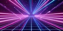 Futuristic Background With A Glowing Grid In The Outer Space . Backdrop With Blue Perspective Grid And Sky Full Of Stars. Synthwave Background.