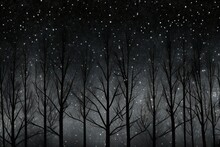 Night forest with trees and snowflakes,  Dark forest background