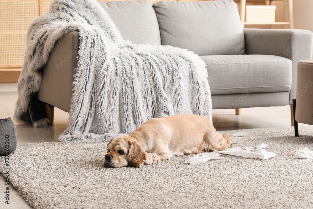 Naughty dog playing with paper at home