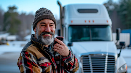 Wall Mural - Happy truck driver talking on his cell phone and looking at the camera.