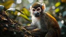 Common Squirrel Monkey (Saimiri Sciureus) Playing On A Branch.