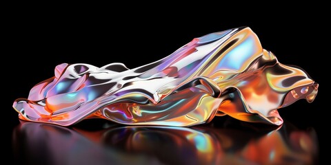 A 3D rendering of a melted holographic metal flow gracefully isolated against a black background, a mesmerizing and otherworldly visual experience.