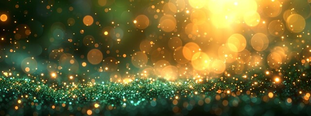 Abstract blur bokeh banner background. Gold bokeh on defocused emerald green background