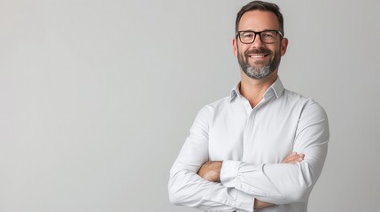 Wall Mural - A confident man standing tall against a seamless white backdrop