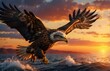 Close-up portrait of an eagle flying fast over the sea with sunset