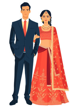 illustration of an Indian wedding bride in a red dress & groom in a suit isolated on transparent background