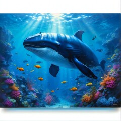 Poster - a vast and mysterious underwater worl. At an astonishing depth of a thousand meters, majestically graceful whales glide through the deep sea