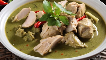 Wall Mural - A bowl of soup with chicken, herbs, and peppers