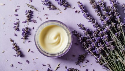 Canvas Print - A jar of cream with purple flowers in the background