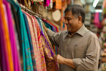 indian man shopping in the indian clothes shop bokeh style background