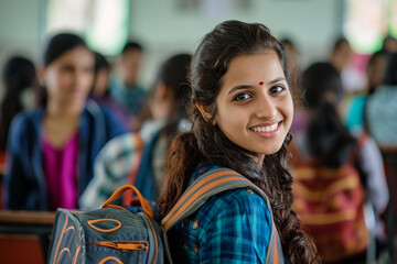 Wall Mural - female indian student at the school on the bokeh style background