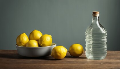 Poster - A bowl of lemons and a bottle of water on a table