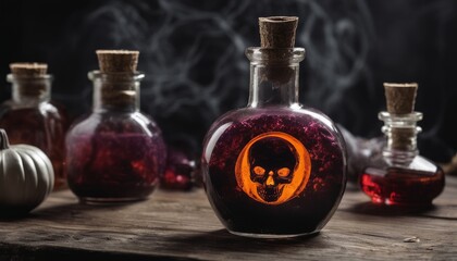 Poster - A bottle with a skull on it is on a table with other bottles