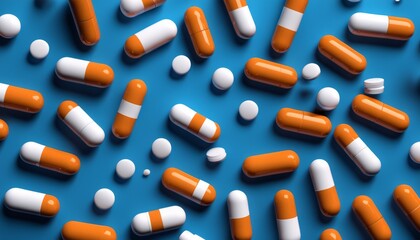 A bunch of orange and white pills on a blue background