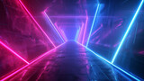 Fototapeta Do przedpokoju - Abstract futuristic geometric polygon 3D shape space background, fluorescent LED light line streak, colorful laser neon lines, blue pink spectrum, geometric triangle shape tunnel with vibrant color.