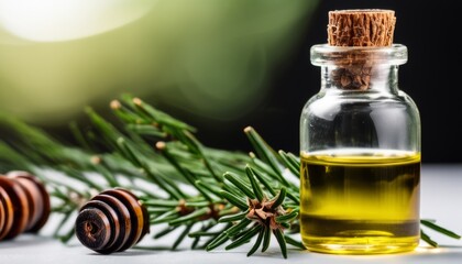 Sticker - A bottle of oil sits next to a pine branch