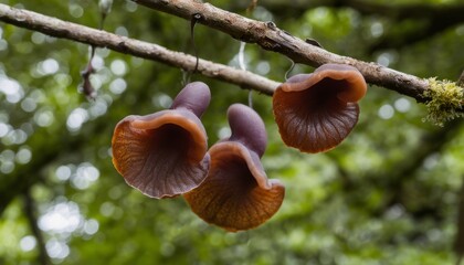 Wall Mural - Three mushrooms hanging from a tree branch