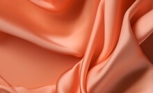 Light Red Orange Color Satin Fabric Silk For Background. Dark Peach Fabric Textile Drape With Crease Wavy Folds, Wind Movement, Background, Texture.