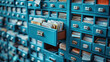 a view of blue wooden drawers  files in an office, for projects related to corporate organization, administrative tasks, and the importance of a well-managed office environment