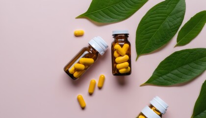 Wall Mural - A pink background with green leaves and pills