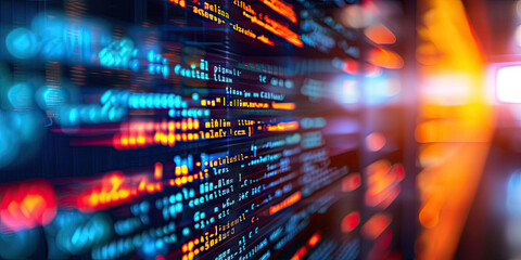 Poster - Close up computer screen with Programming code abstract technology background, software developer ,technology, data analysis, finance, and digital information concepts.Computer script