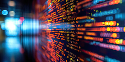 Poster - Close up computer screen with Programming code abstract technology background, software developer ,technology, data analysis, finance, and digital information concepts.Computer script