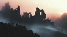 Crumbling Ruins Of An Ancient Castle, An Abandoned Historical Building In The Mist At Twilight