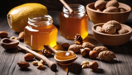 Sticker - A wooden table with a jar of honey, nuts, and a lemon