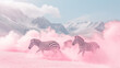 surrealist illustration of zebras running through pink smoke with mountains in the background