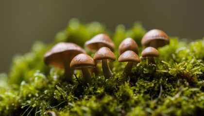 Canvas Print - A group of mushrooms growing on a mossy tree branch