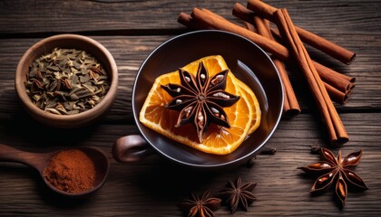 Poster - A wooden table with a bowl of oranges, cinnamon, and cinnamon sticks