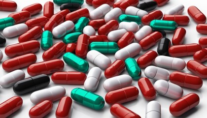 A pile of colorful pills on a white background