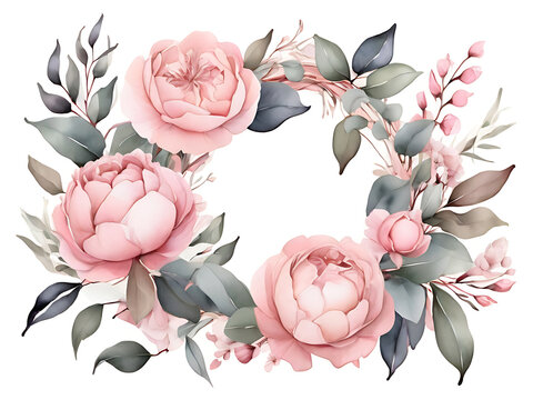 Watercolor enchanting bouquet of pink flowers and lush eucalyptus greens ,nude beige tone peonies and roses frame ,Watercolor peonies illustration ,Elegant Flower Bouquet Watercolor Clipart Designs