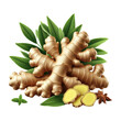 Fresh ginger root with sliced and green leaves on transparent background Ai generative.