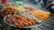 street food snacks, one of more popular food in Vietnam nowadays, especially with the young generation. They include meats, seafood and vegetables, combined in one stick and grilled on stove.