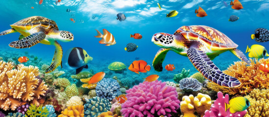  Graceful Sea Turtles Gliding Through a Colorful Underwater Oasis, Surrounded by Tropical Coral and Exotic Marine Life