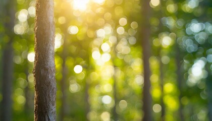 Forest bokeh background with tree trunks on the left.