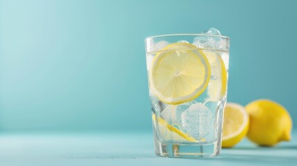 A refreshing glass of lemon water with ice cubes on a blue backdrop