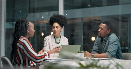 Poster - Business people, group and discussion, planning at night or brainstorming idea in startup office. Team, deadline or collaboration, creative designers in conversation or meeting for strategy by laptop