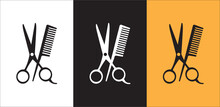Scissor And Comb Icon Set. Crossed Scissors And Combs Vector Icon Set. Barbershop, Salon, Hairdresser, Haircut, Hairstylist Symbol Or Signs Collection. Vector Stock Illustration