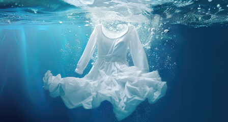 Washed white dress on blue ocean background, commercial advertisement style with floating dress underwater with bubbles and wet splashes laundry work as banner design with copy space