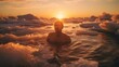 A man swims in icy water at sunset against a background of blue sky. Tempering, Health, Winter concepts.