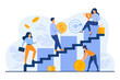 © SurfupVector - People climbing ladder of success to reach personal goals. Some people achieving success, others failing. Money, target, gold cup. Personal growth, setting goals, failures concept