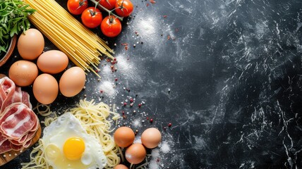 Wall Mural - Raw pasta, eggs, and tomatoes on dark marble surface