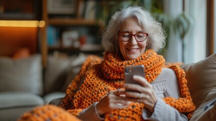 Wall Mural - Mature Woman using smartphone sitting on couch with a fee space for text, Generative AI.