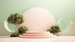 A svelte 3D podium, adorned with a sole topiary on its left, occupies the midground. A gradated pastel palette, ranging from mint to blush, serves as an understated backdrop. 